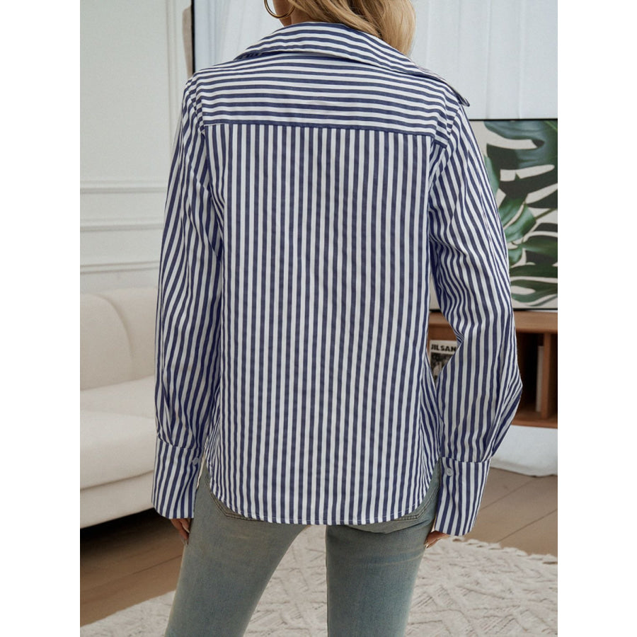 Pocketed Striped Collared Neck Long Sleeve Shirt Apparel and Accessories