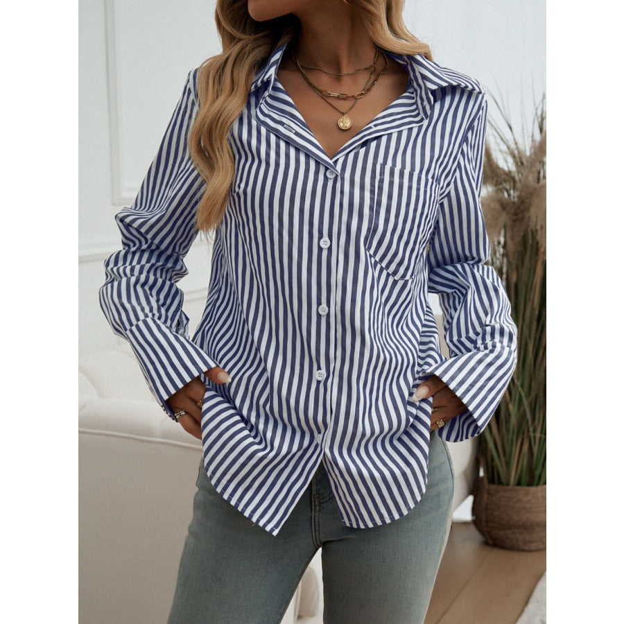 Pocketed Striped Collared Neck Long Sleeve Shirt Apparel and Accessories