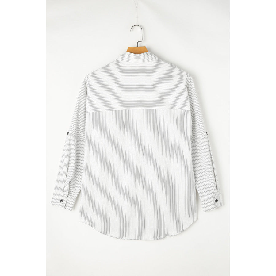 Pocketed Striped Collared Neck Long Sleeve Shirt Apparel and Accessories
