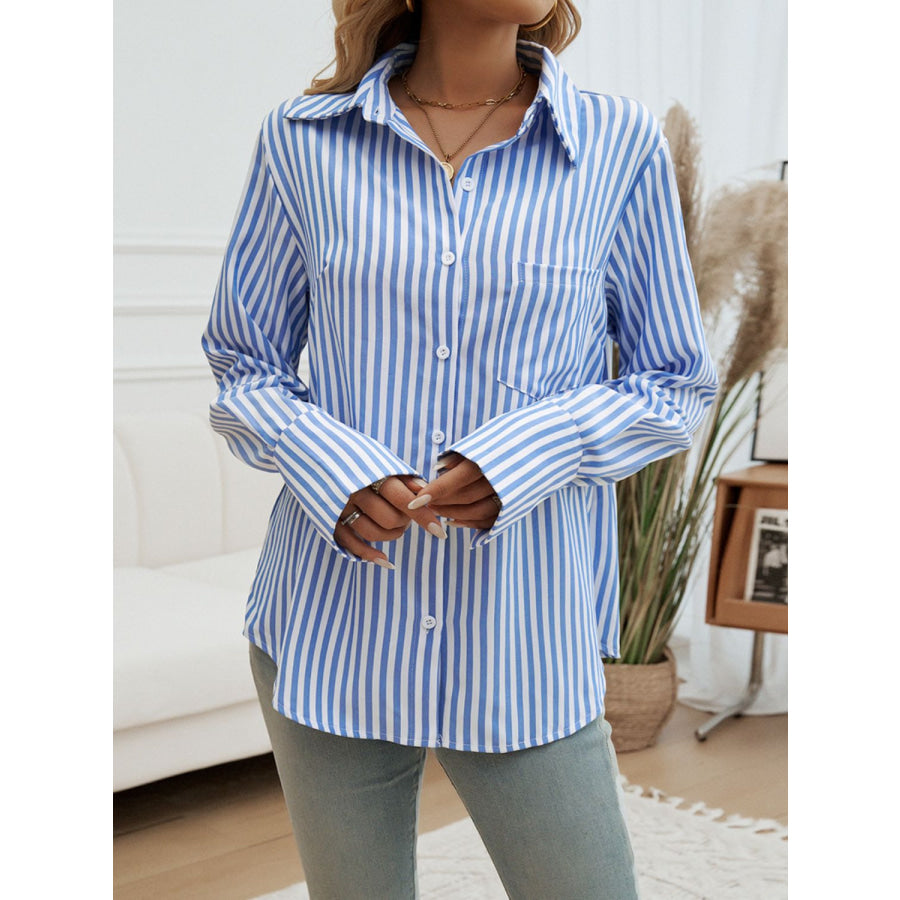 Pocketed Striped Collared Neck Long Sleeve Shirt Apparel and Accessories