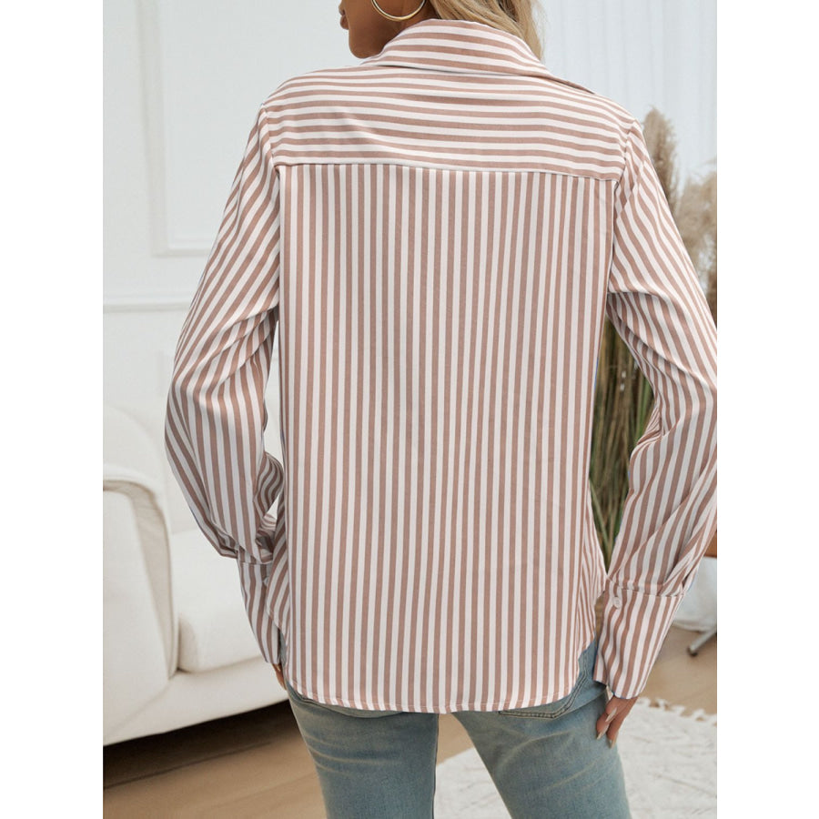 Pocketed Striped Collared Neck Long Sleeve Shirt Apparel and Accessories