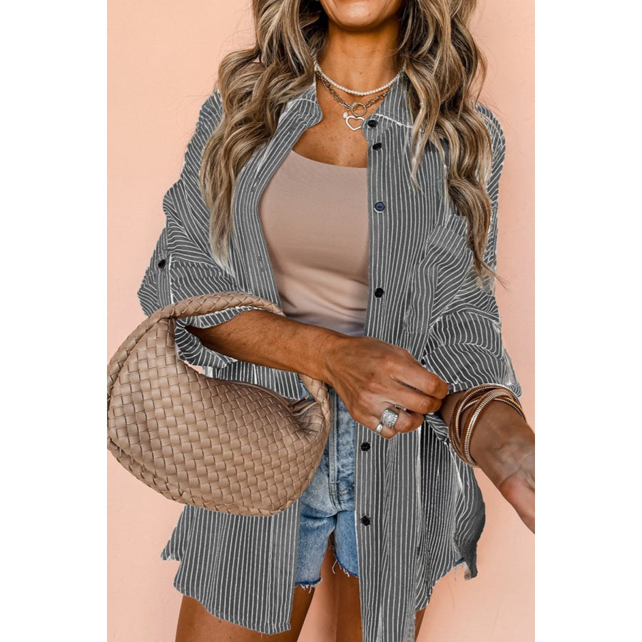 Pocketed Striped Collared Neck Long Sleeve Shirt Black / XL Apparel and Accessories