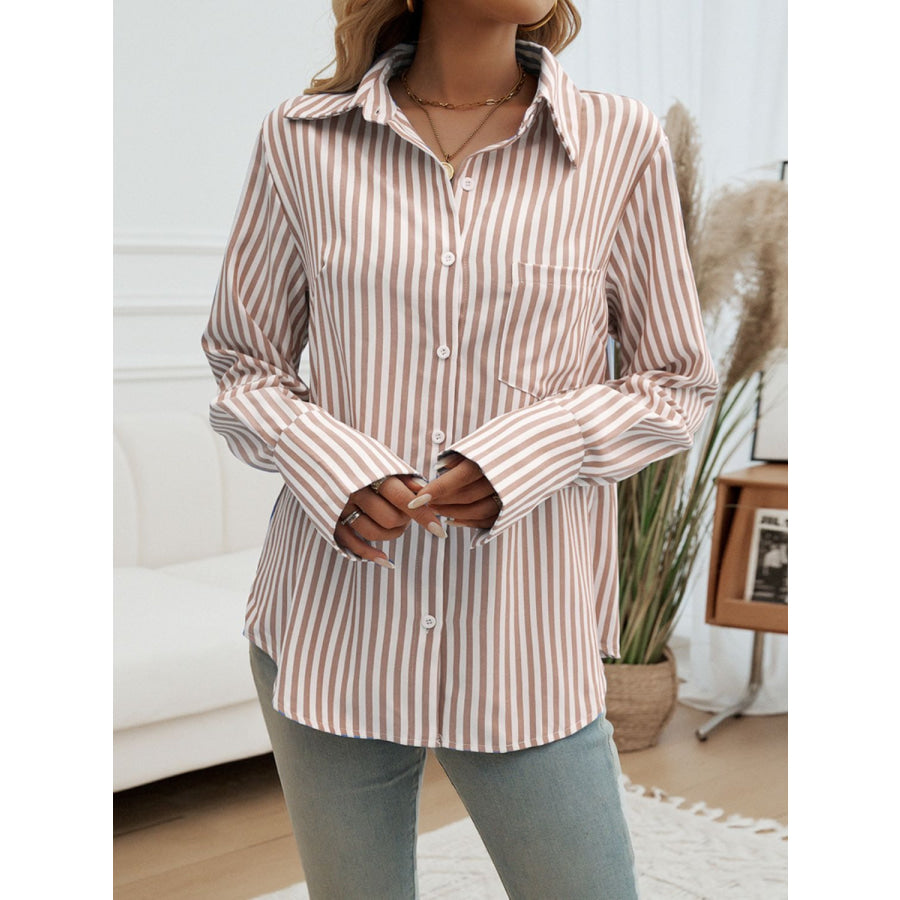 Pocketed Striped Collared Neck Long Sleeve Shirt Caramel / S Apparel and Accessories