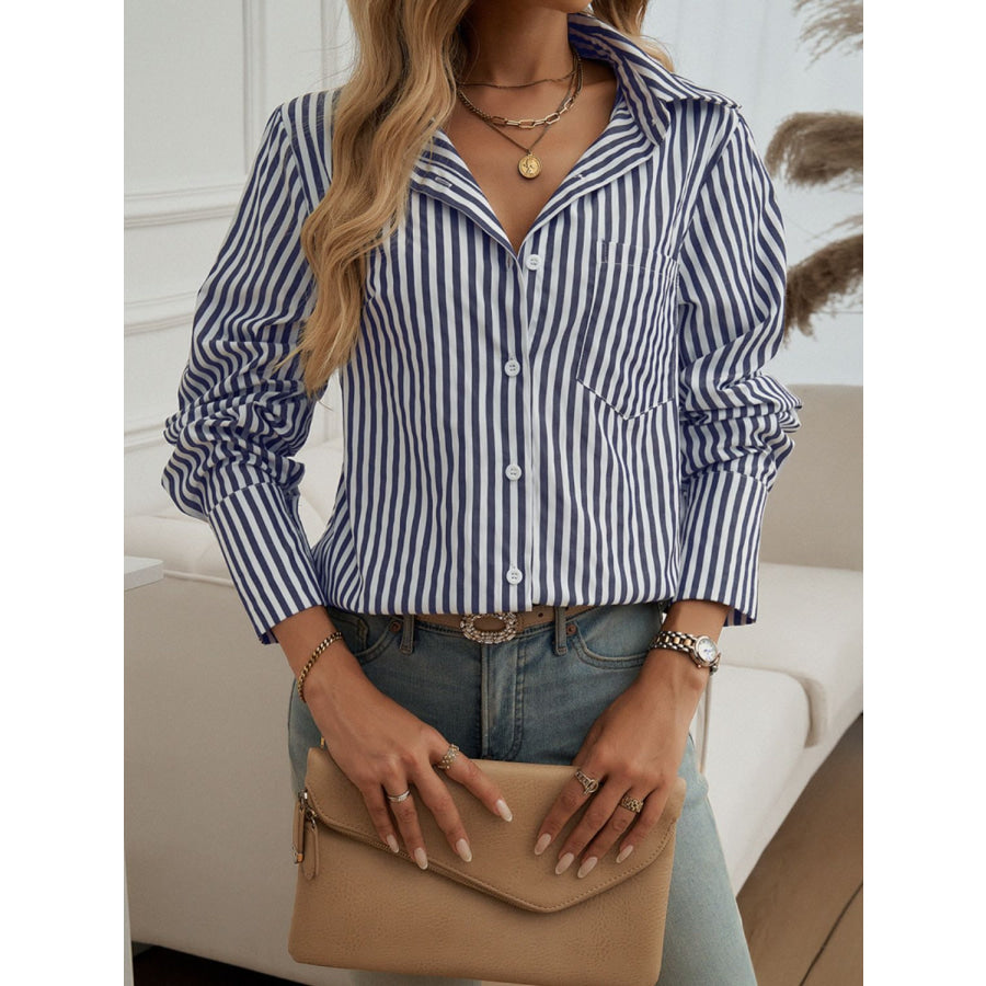 Pocketed Striped Collared Neck Long Sleeve Shirt Dark Navy / S Apparel and Accessories