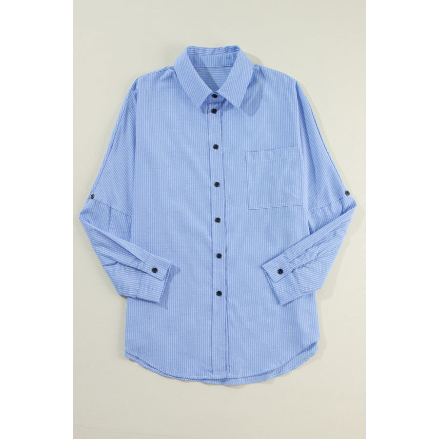Pocketed Striped Collared Neck Long Sleeve Shirt Light Blue / M Apparel and Accessories