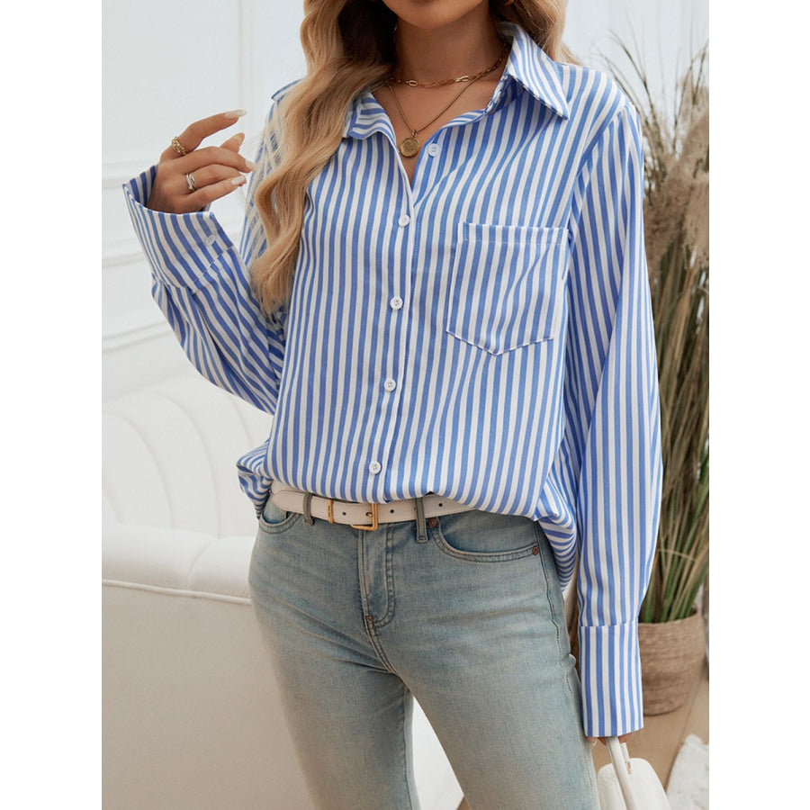 Pocketed Striped Collared Neck Long Sleeve Shirt Sky Blue / S Apparel and Accessories