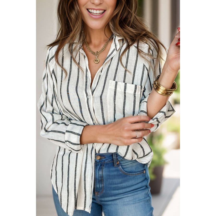 Pocketed Striped Collared Neck Long Sleeve Shirt White / S Apparel and Accessories