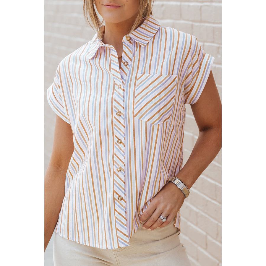 Pocketed Striped Collared Neck Short Sleeve Shirt Stripe / S Apparel and Accessories
