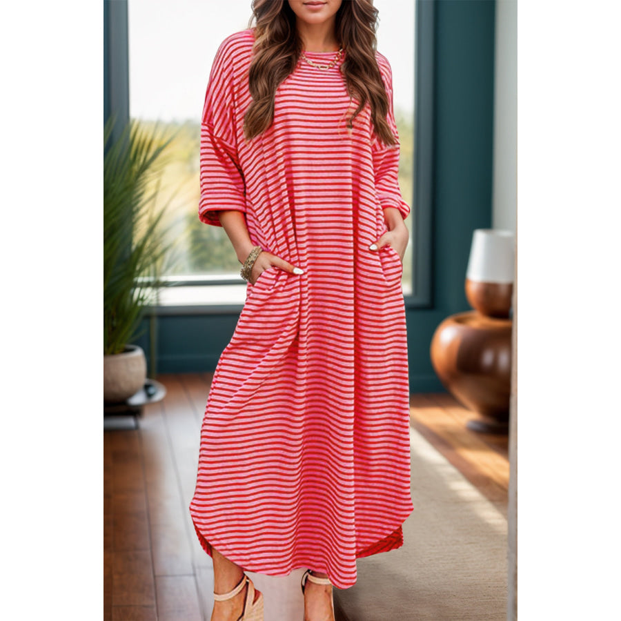 Pocketed Striped Half Sleeve Tee Dress Strawberry / S Apparel and Accessories