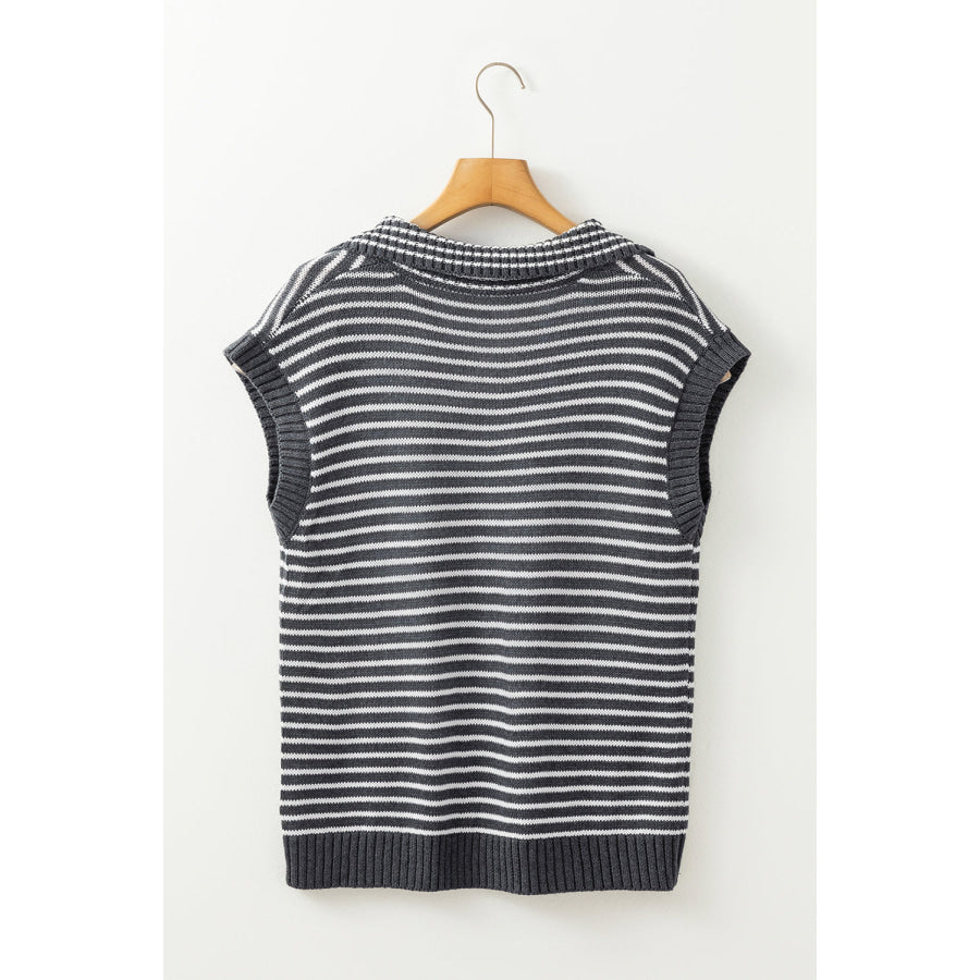Pocketed Striped Johnny Collar Sweater Vest Apparel and Accessories