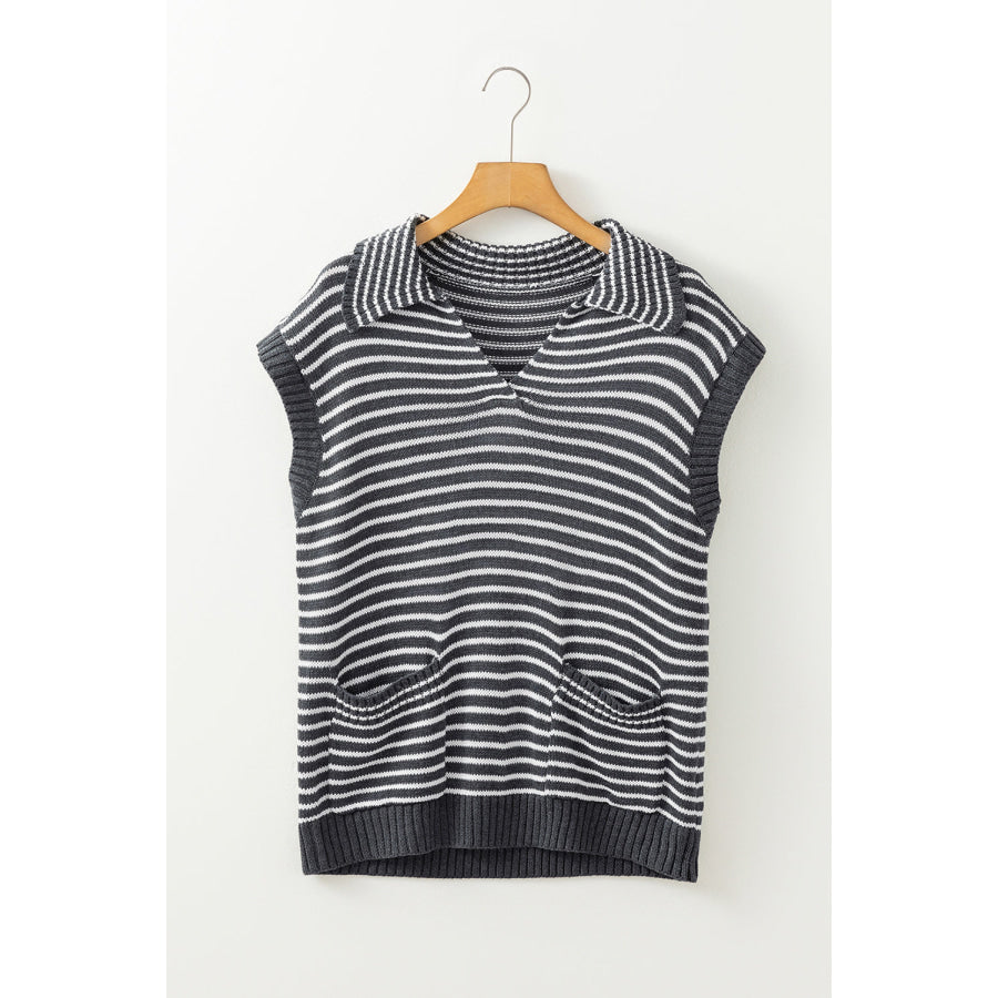 Pocketed Striped Johnny Collar Sweater Vest Gray / S Apparel and Accessories