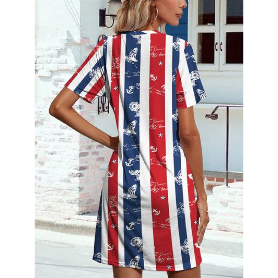 Pocketed Striped Round Neck Short Sleeve Dress Apparel and Accessories