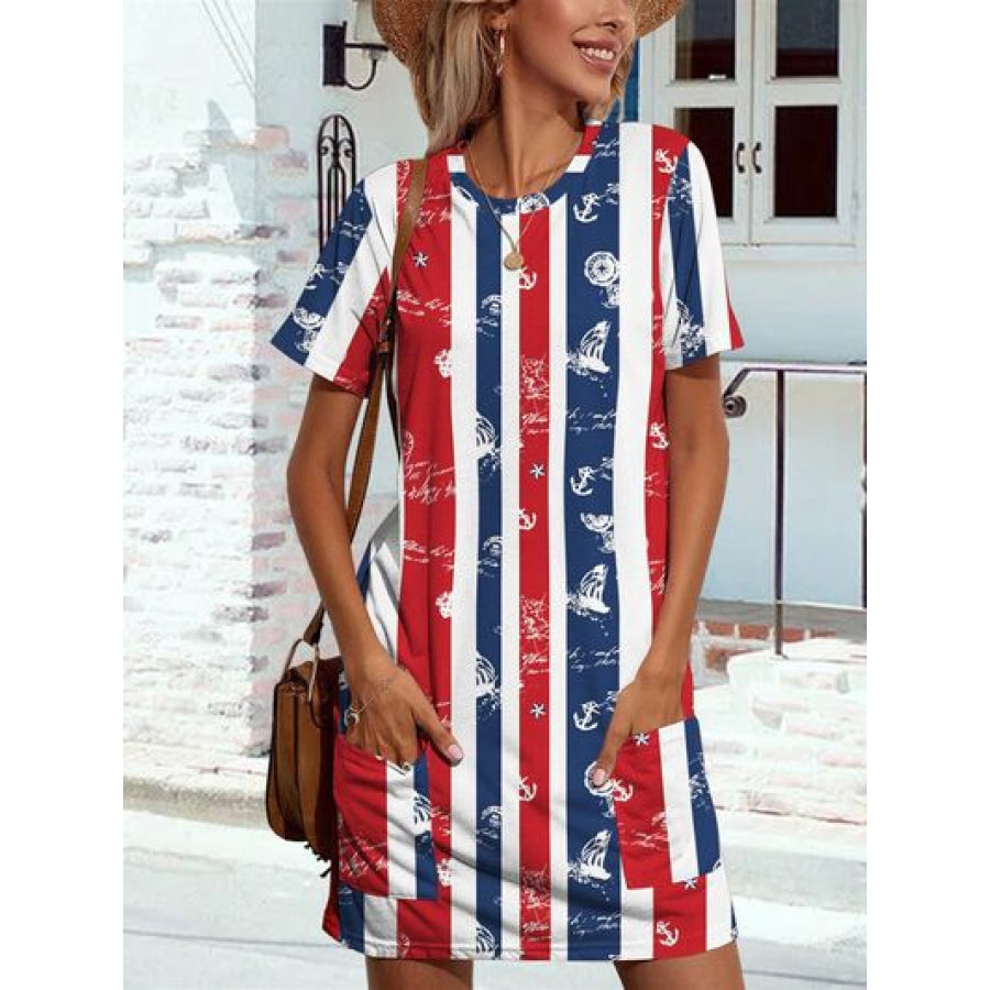 Pocketed Striped Round Neck Short Sleeve Dress Deep Red / S Apparel and Accessories