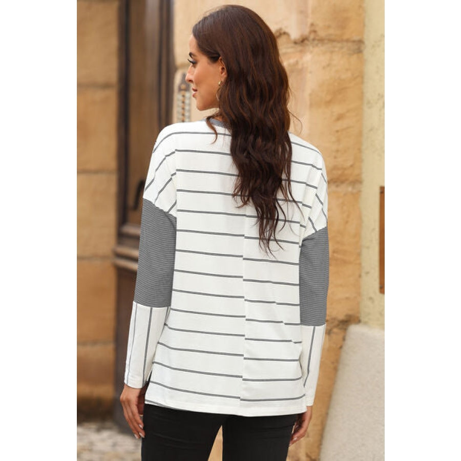 Pocketed Striped Round Neck T-Shirt White / S Apparel and Accessories