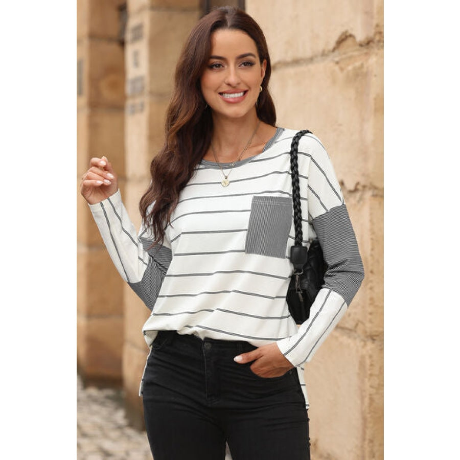 Pocketed Striped Round Neck T-Shirt White / S Apparel and Accessories