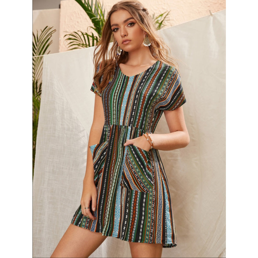 Pocketed Striped Short Sleeve Dress Apparel and Accessories