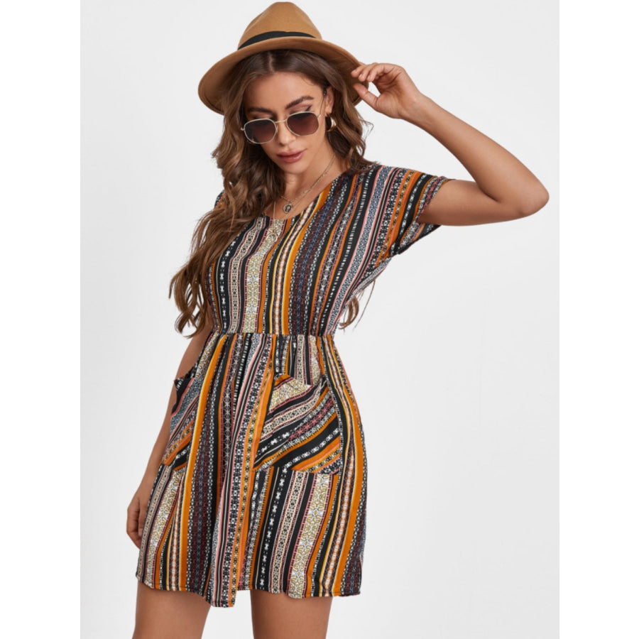 Pocketed Striped Short Sleeve Dress Apparel and Accessories