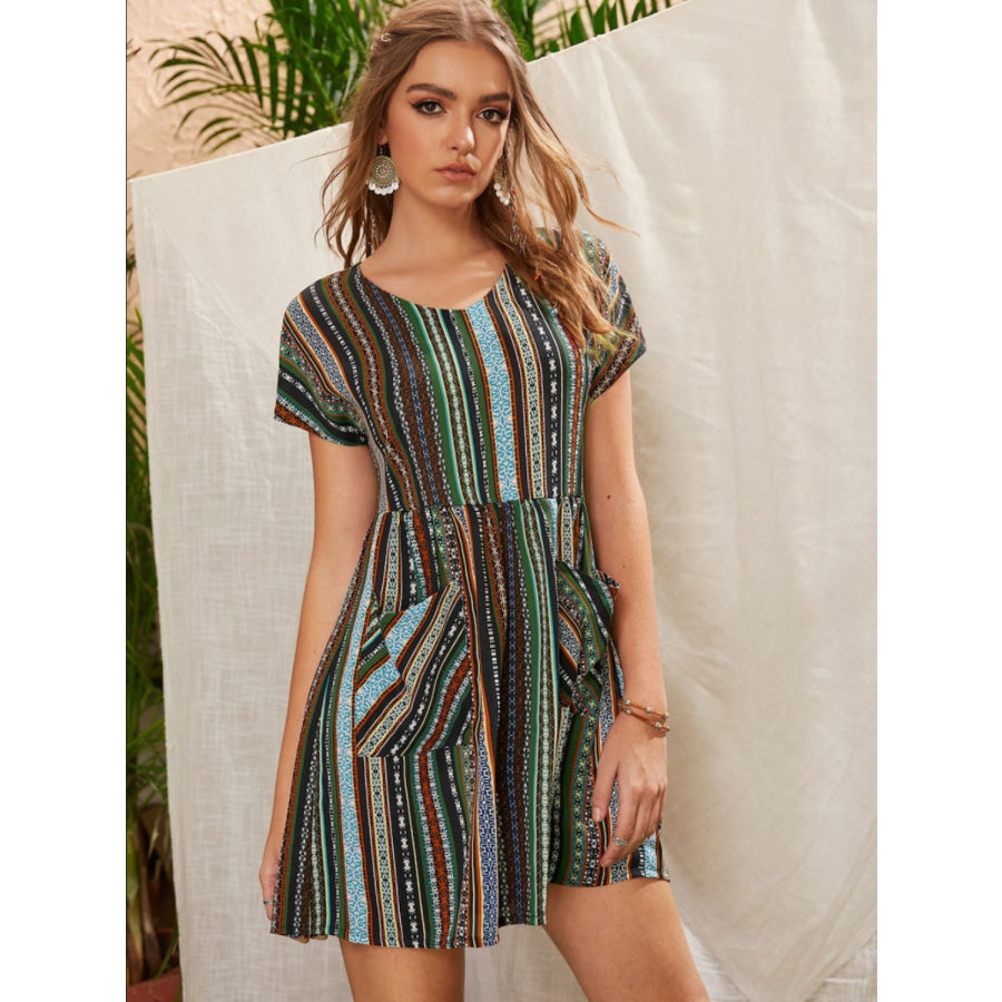 Pocketed Striped Short Sleeve Dress Apparel and Accessories