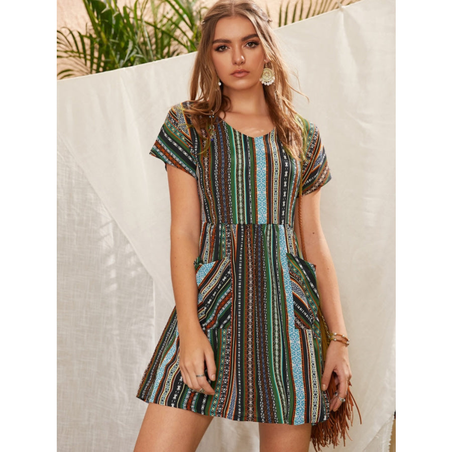 Pocketed Striped Short Sleeve Dress Moss / S Apparel and Accessories