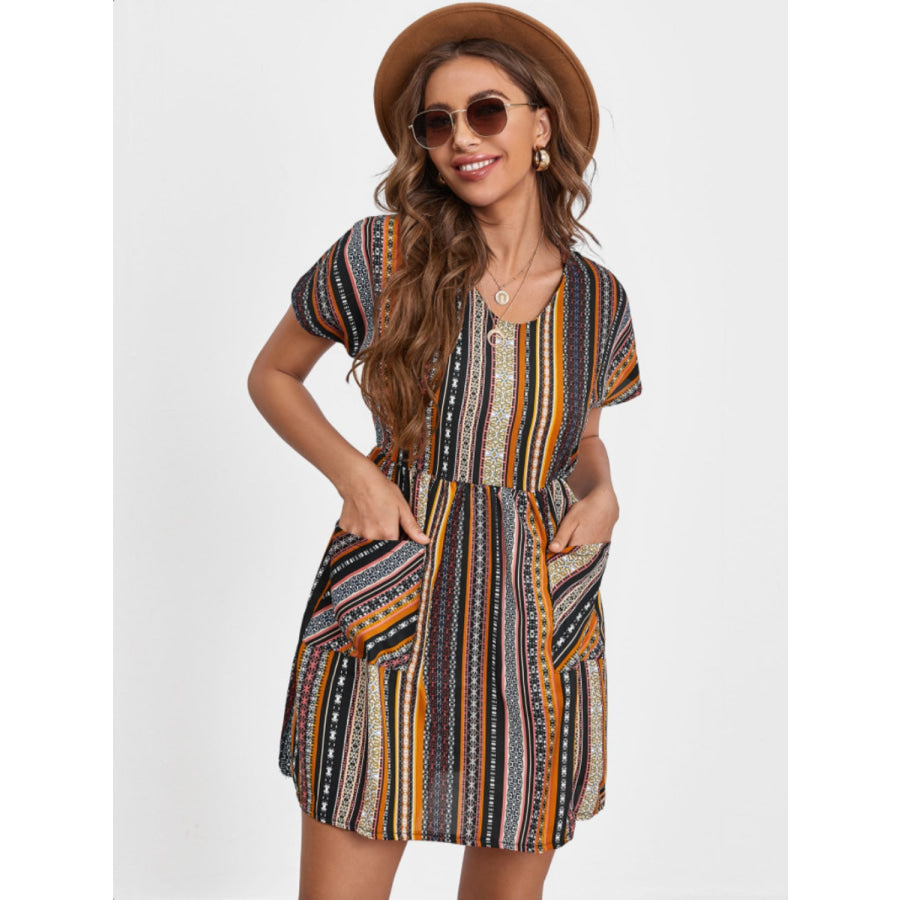 Pocketed Striped Short Sleeve Dress Multicolor / S Apparel and Accessories