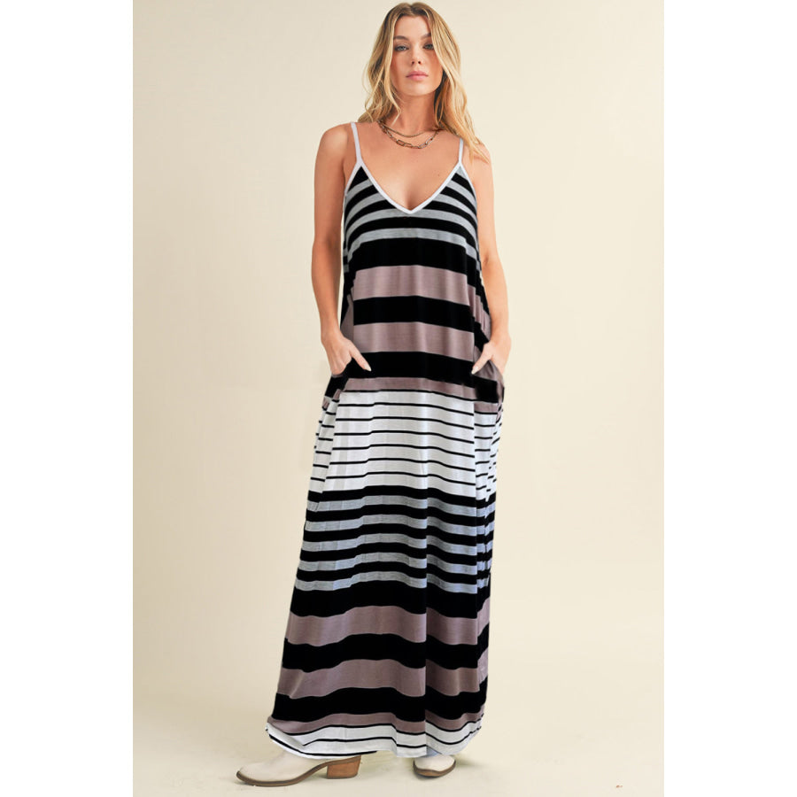 Pocketed Striped V - Neck Sleeveless Cami Dress Stripe / S Apparel and Accessories