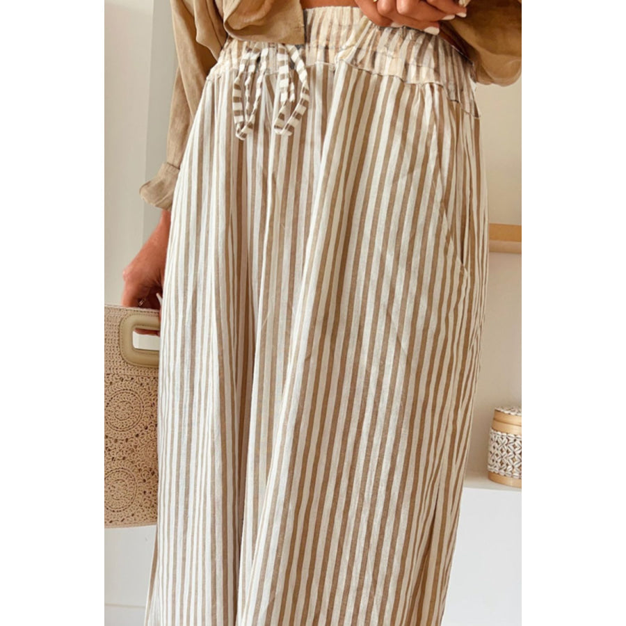 Pocketed Striped Wide Leg Pants Apparel and Accessories