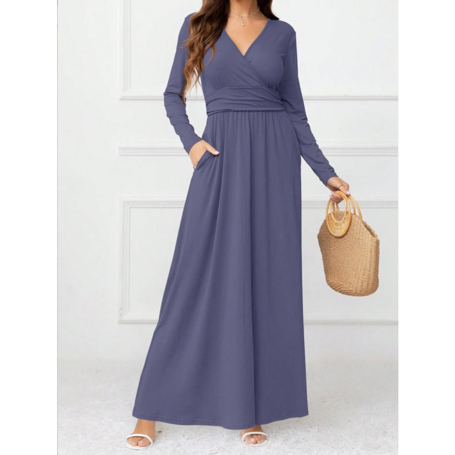 Pocketed Surplice Long Sleeve Maxi Dress Apparel and Accessories