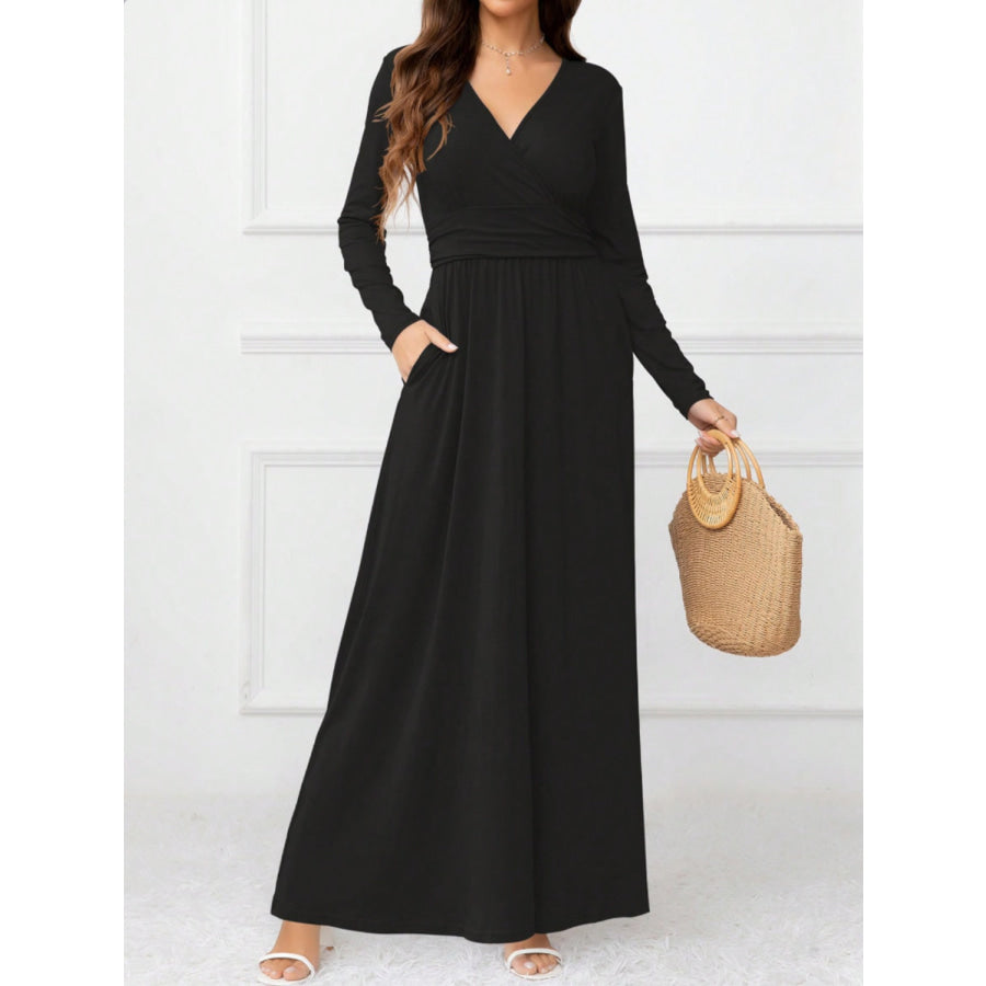 Pocketed Surplice Long Sleeve Maxi Dress Apparel and Accessories