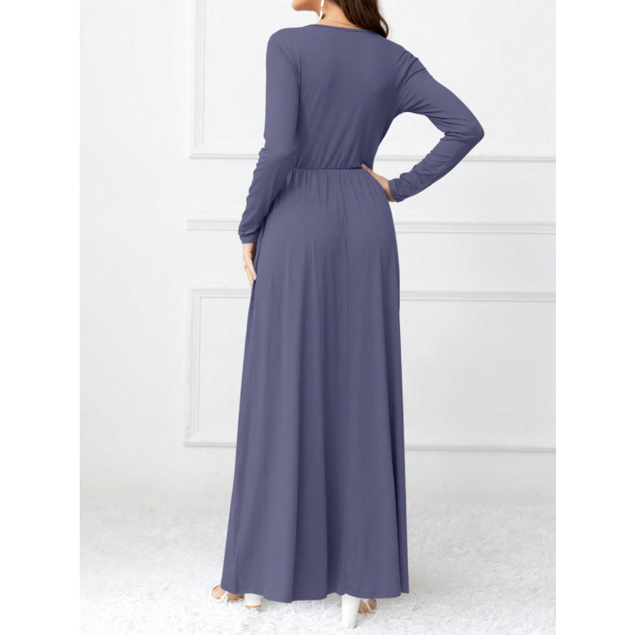 Pocketed Surplice Long Sleeve Maxi Dress Apparel and Accessories