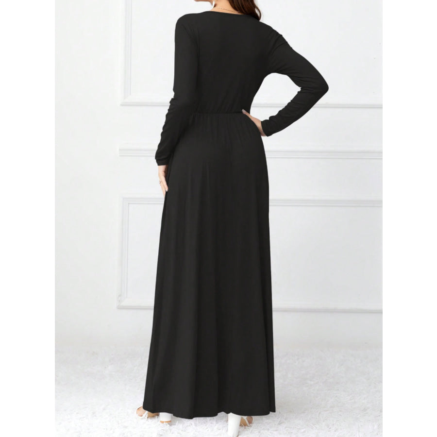 Pocketed Surplice Long Sleeve Maxi Dress Apparel and Accessories