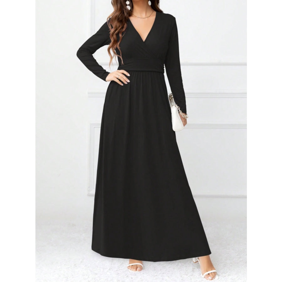 Pocketed Surplice Long Sleeve Maxi Dress Black / S Apparel and Accessories