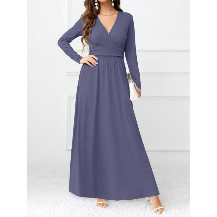 Pocketed Surplice Long Sleeve Maxi Dress Dusty Blue / S Apparel and Accessories