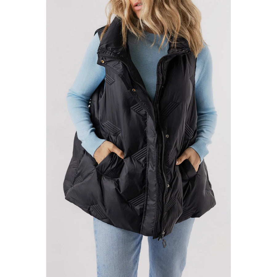 Pocketed Textured Zip Up Vest Coat Apparel and Accessories