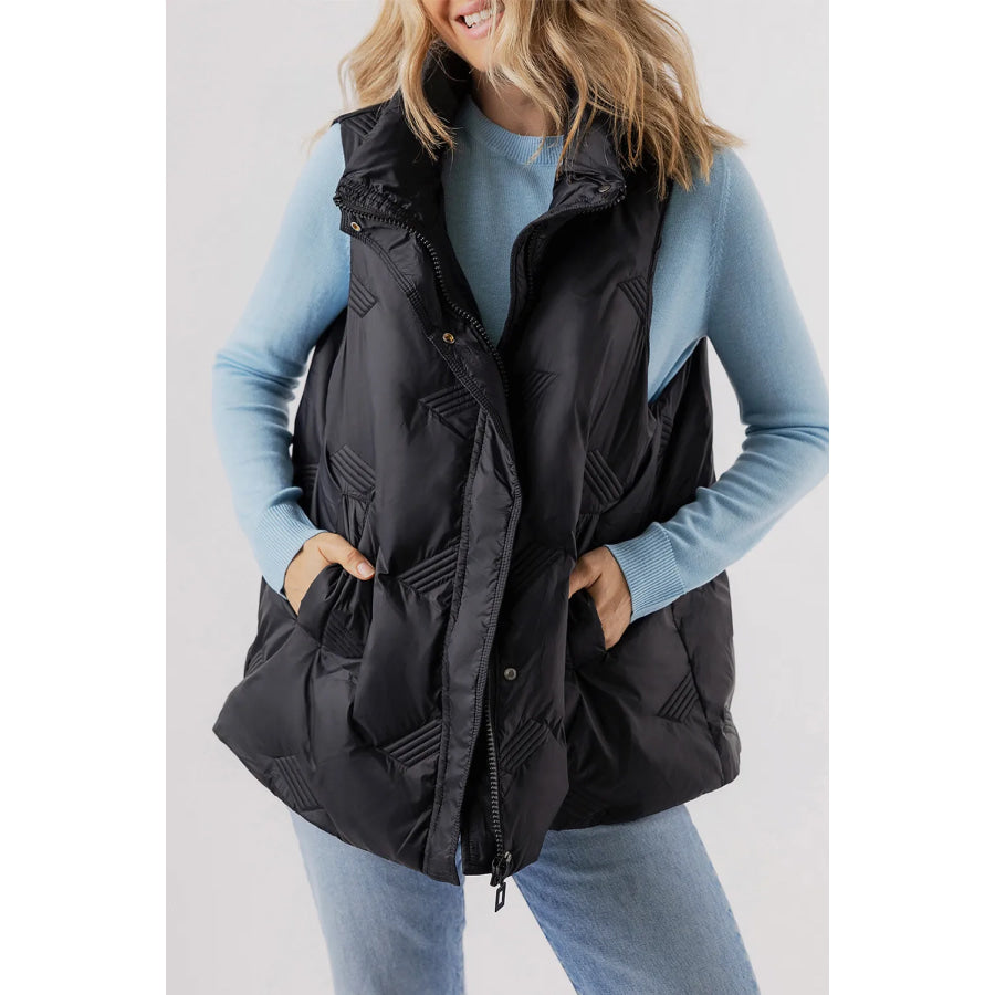 Pocketed Textured Zip Up Vest Coat Apparel and Accessories