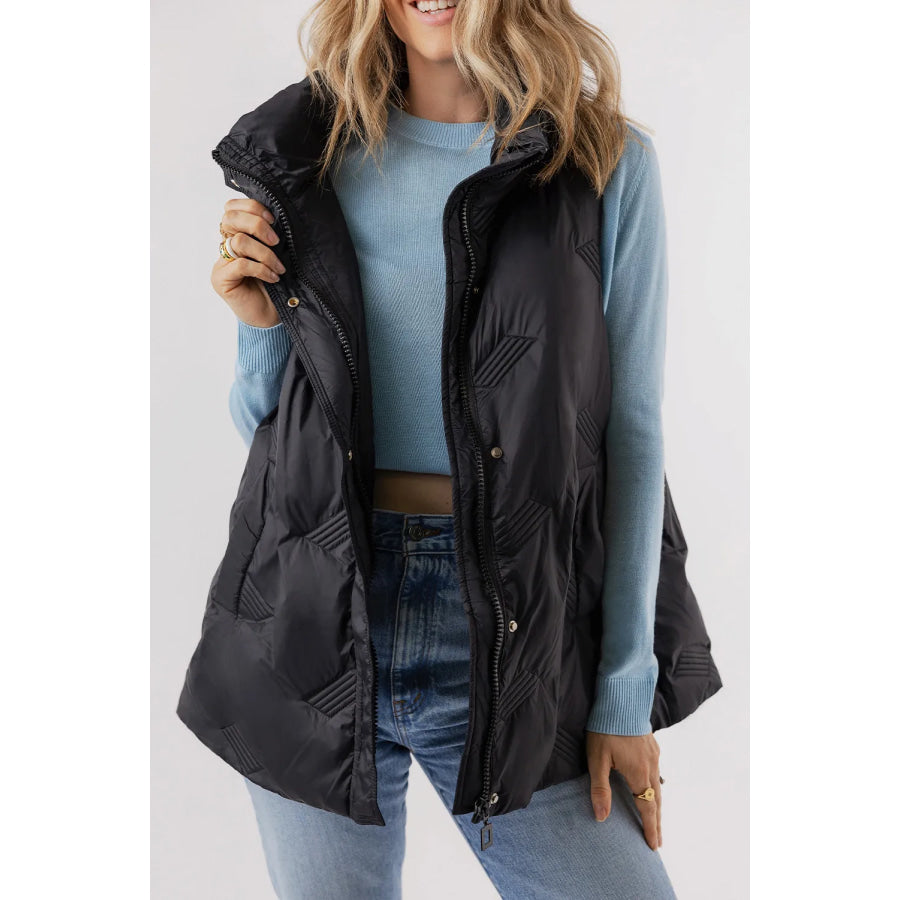 Pocketed Textured Zip Up Vest Coat Black / S Apparel and Accessories