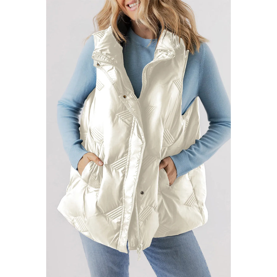 Pocketed Textured Zip Up Vest Coat White / S Apparel and Accessories