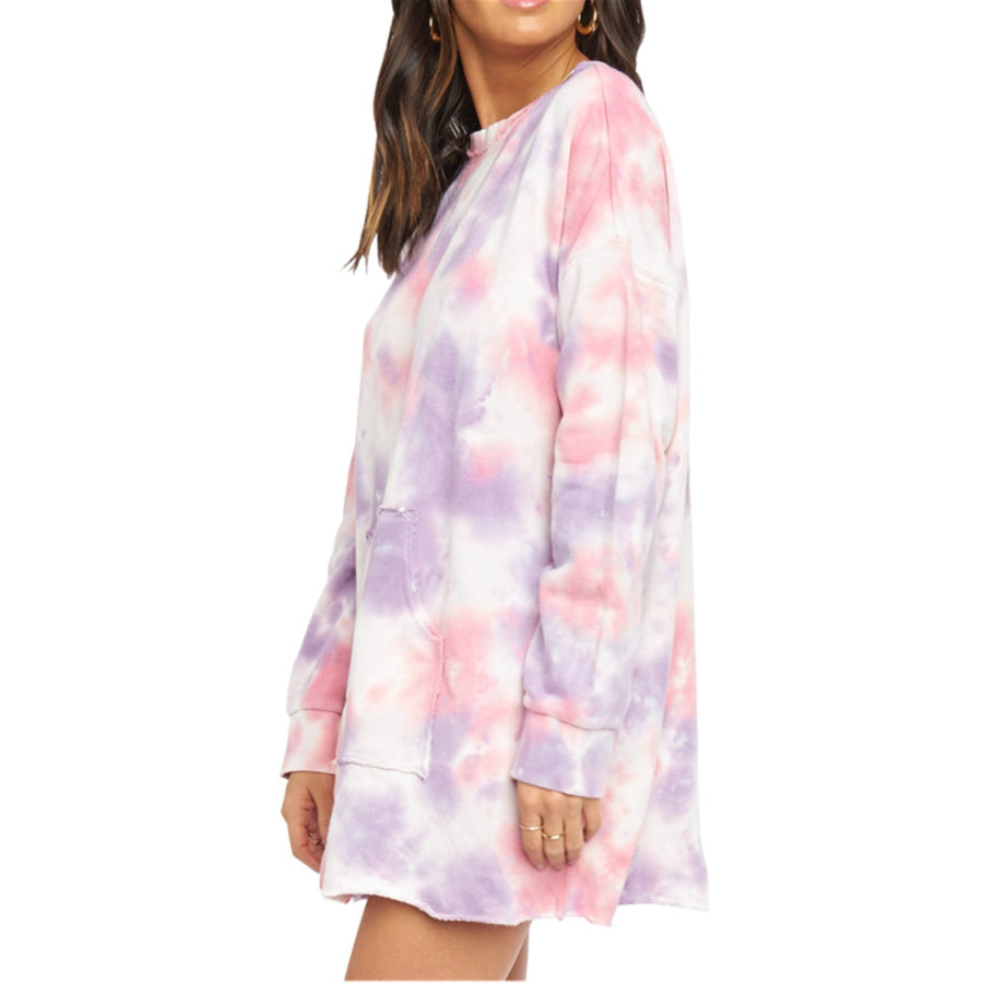 Pocketed Tie-Dye Round Neck Long Sleeve Dress Apparel and Accessories