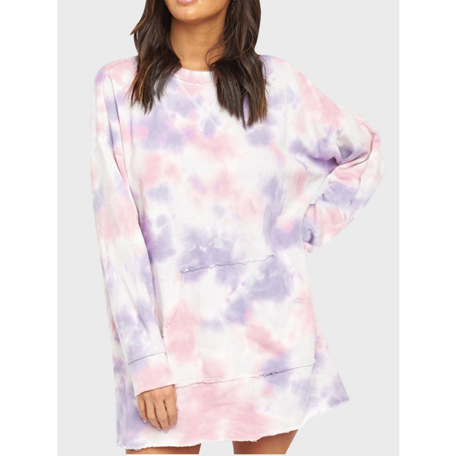 Pocketed Tie-Dye Round Neck Long Sleeve Dress Blush Pink / S Apparel and Accessories