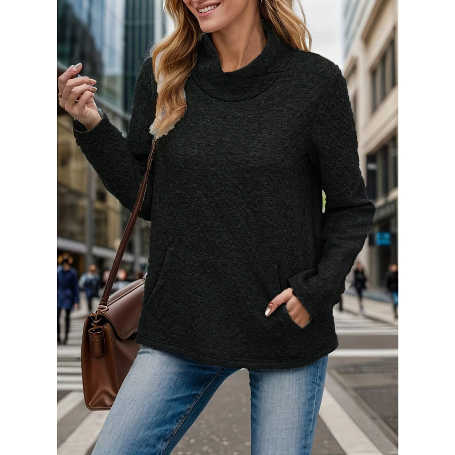 Pocketed Turtleneck Long Sleeve Sweatshirt Black / S Apparel and Accessories