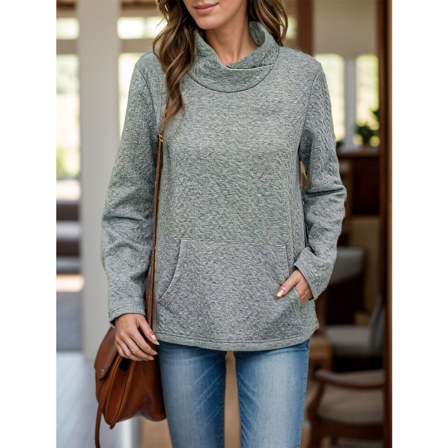 Pocketed Turtleneck Long Sleeve Sweatshirt Gray / S Apparel and Accessories