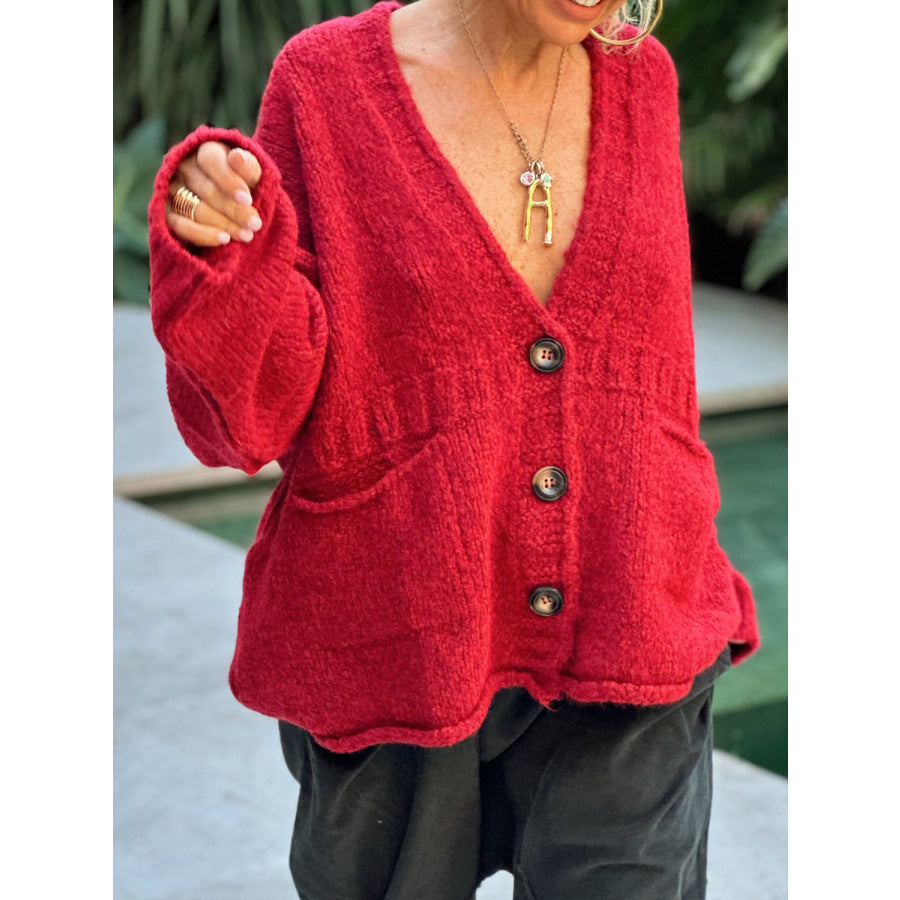 Pocketed V-Neck Button Up Cardigan Apparel and Accessories