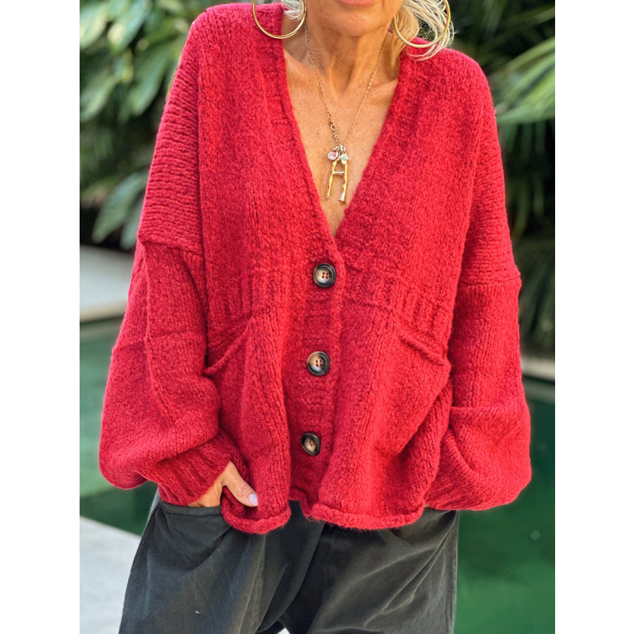 Pocketed V-Neck Button Up Cardigan Deep Red / S Apparel and Accessories