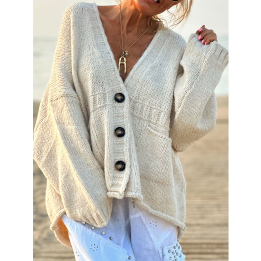 Pocketed V-Neck Button Up Cardigan Beige / S Apparel and Accessories