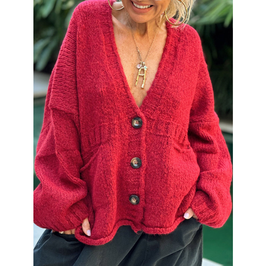 Pocketed V-Neck Button Up Cardigan Deep Red / S Apparel and Accessories