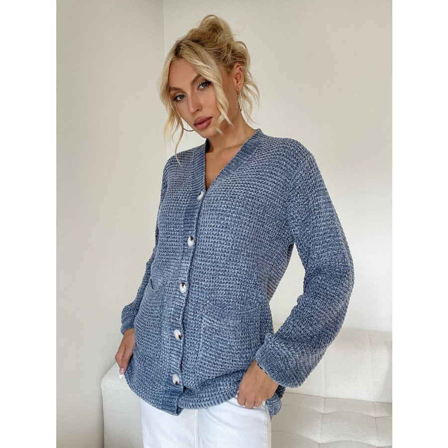 Pocketed V-Neck Button Up Cardigan Dusty Blue / One Size Apparel and Accessories