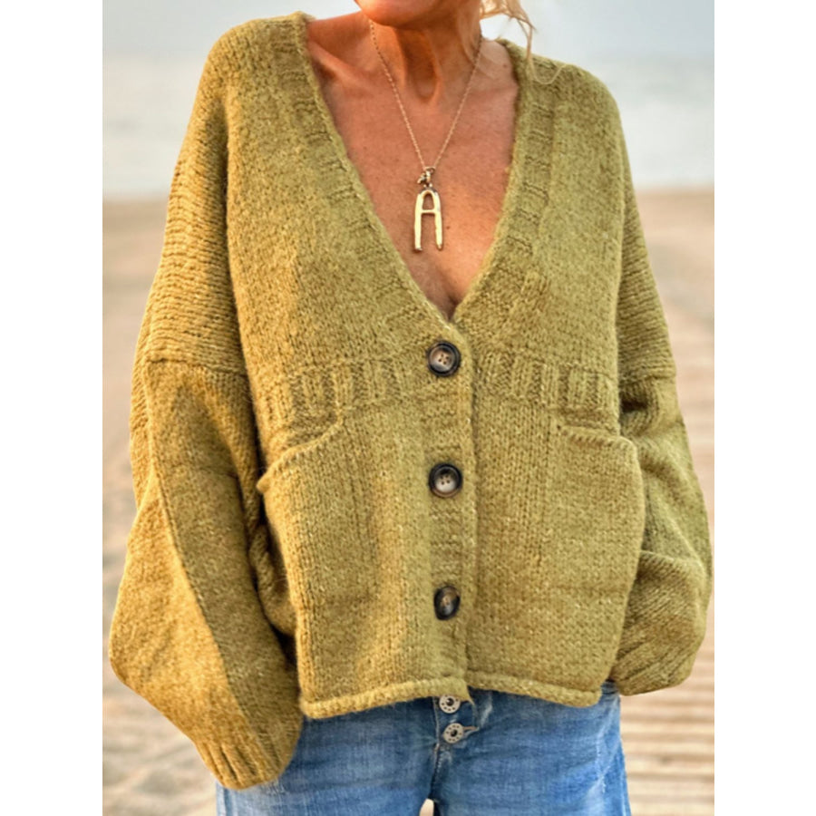 Pocketed V-Neck Button Up Cardigan Lime / S Apparel and Accessories