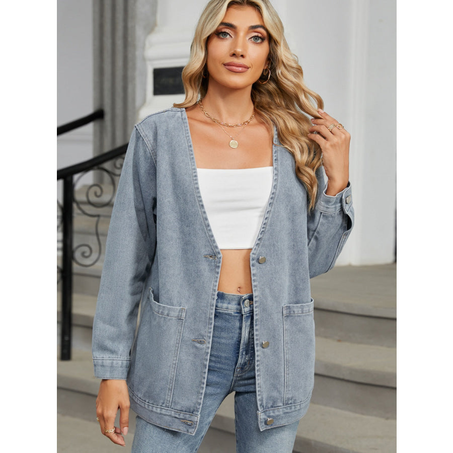 Pocketed V-Neck Button Up Denim Jacket Apparel and Accessories