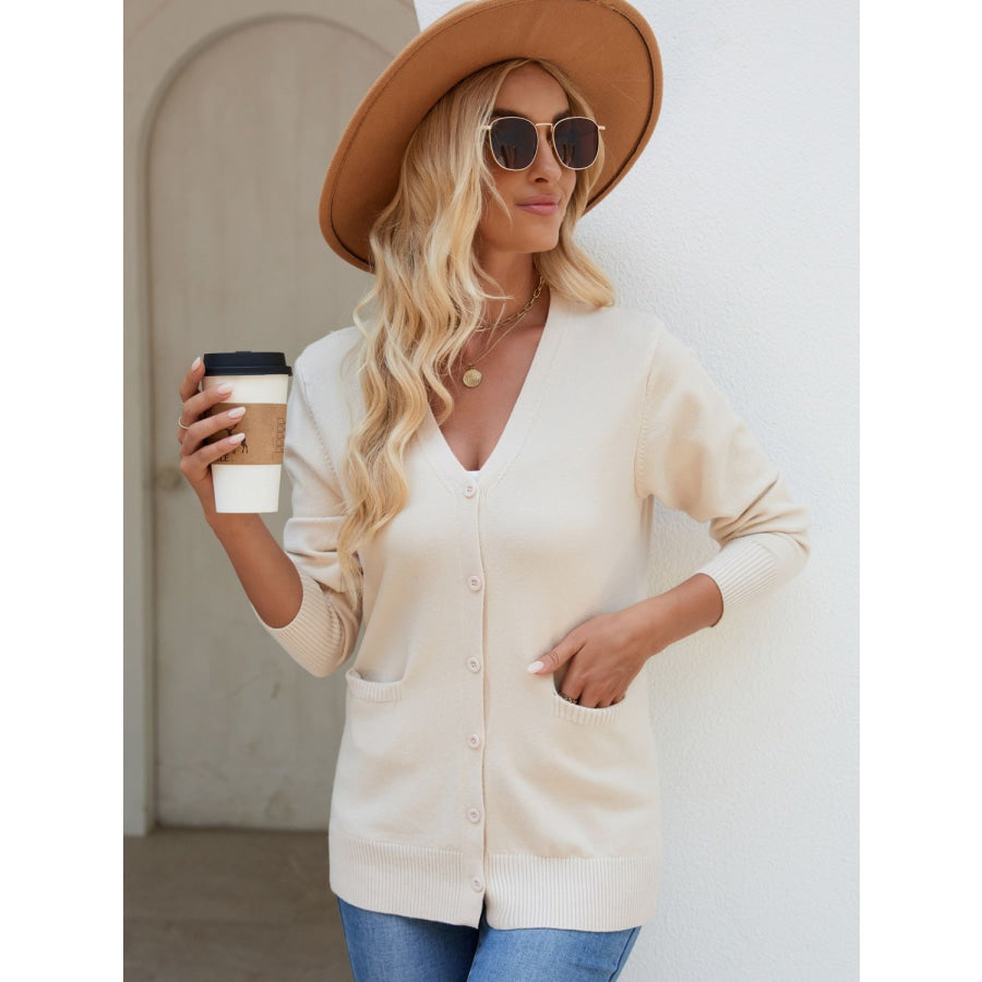 Pocketed V-Neck Button Up Long Sleeve Cardigan Apparel and Accessories