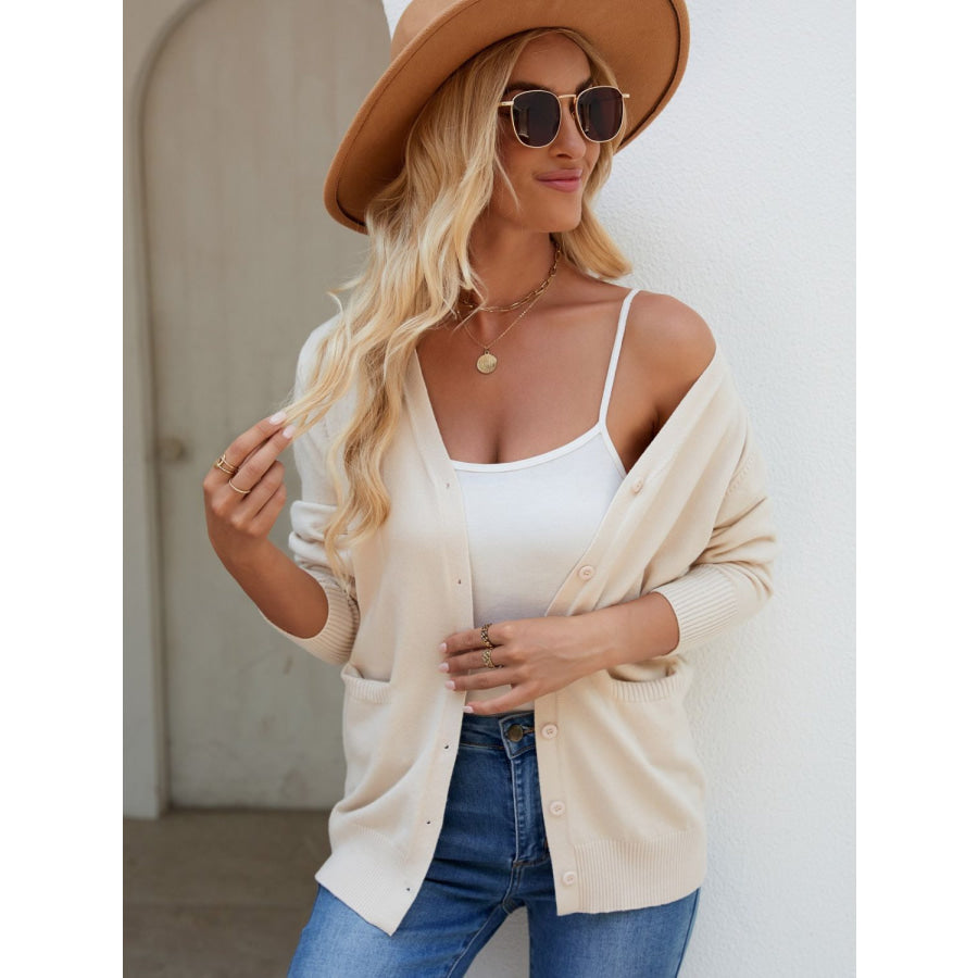 Pocketed V-Neck Button Up Long Sleeve Cardigan Apparel and Accessories