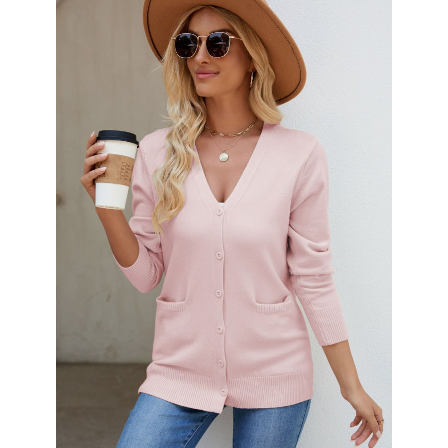 Pocketed V-Neck Button Up Long Sleeve Cardigan Apparel and Accessories